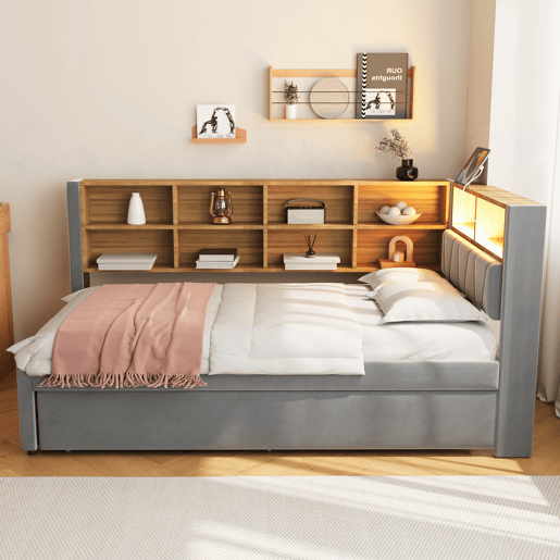Sofá-cama 90x200 - Cama extraível 90x190, com luzes LED, tomadas e vários compartimentos, sofá multifuncional, cama individual, flanela - cinza escuro