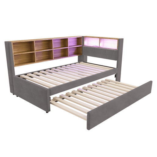 Sofá-cama 90x200 - Cama extraível 90x190, com luzes LED, tomadas e vários compartimentos, sofá multifuncional, cama individual, flanela - cinza escuro