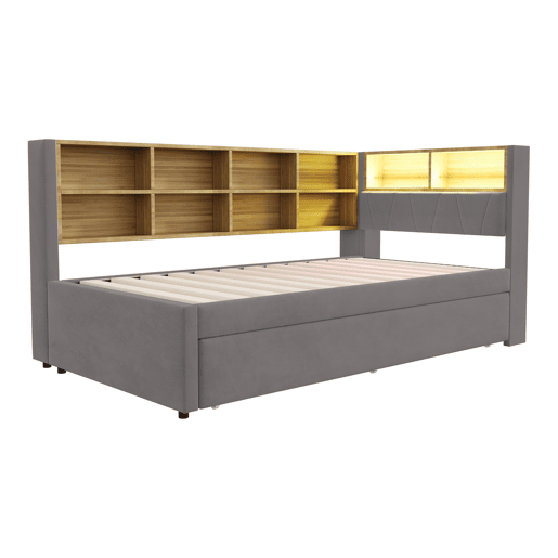 Sofá-cama 90x200 - Cama extraível 90x190, com luzes LED, tomadas e vários compartimentos, sofá multifuncional, cama individual, flanela - cinza escuro