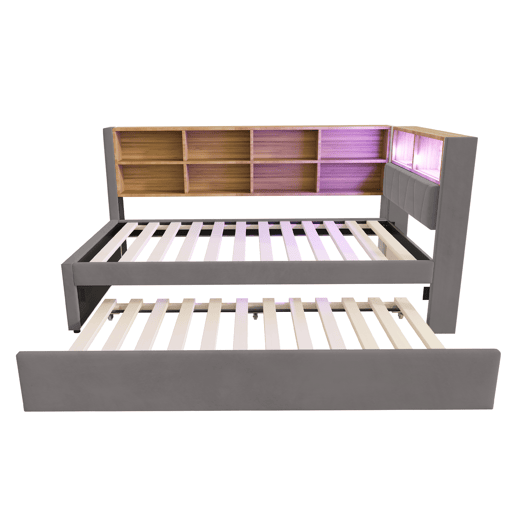 Sofá-cama 90x200 - Cama extraível 90x190, com luzes LED, tomadas e vários compartimentos, sofá multifuncional, cama individual, flanela - cinza escuro