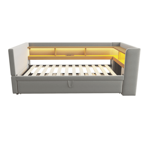 Sofá-cama extensível 90180*190 cm - com luzes LED, tomadas e vários compartimentos - Cinza claro