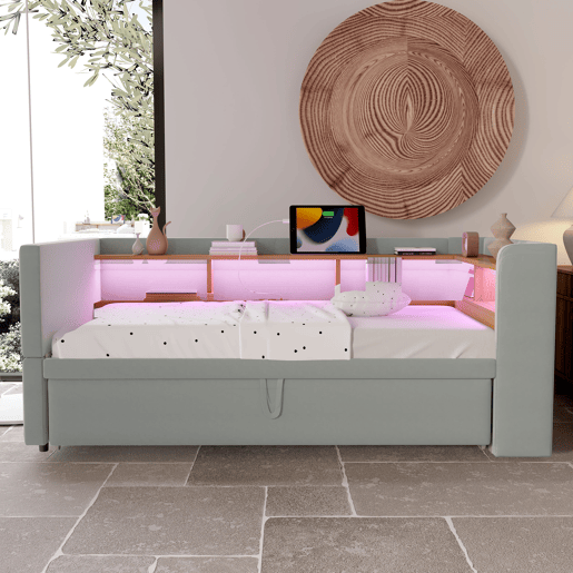Sofá-cama extensível 90180*190 cm - com luzes LED, tomadas e vários compartimentos - Cinza claro