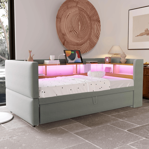 Sofá-cama extensível 90180*190 cm - com luzes LED, tomadas e vários compartimentos - Cinza claro