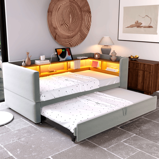 Sofá-cama extensível 90180*190 cm - com luzes LED, tomadas e vários compartimentos - Cinza claro