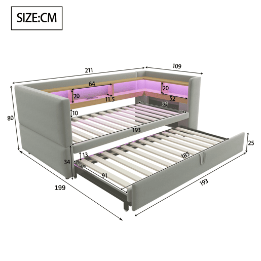 Sofá-cama extensível 90180*190 cm - com luzes LED, tomadas e vários compartimentos - Cinza claro