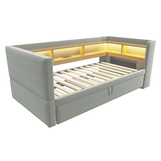 Sofá-cama extensível 90180*190 cm - com luzes LED, tomadas e vários compartimentos - Cinza claro