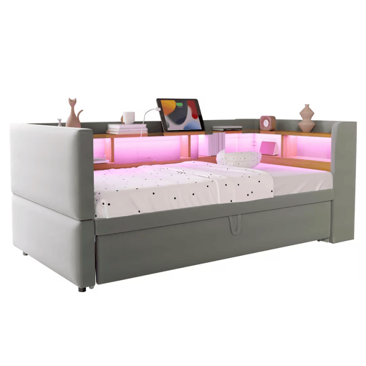 Sofá-cama extensível 90180*190 cm - com luzes LED, tomadas e vários compartimentos - Cinza claro