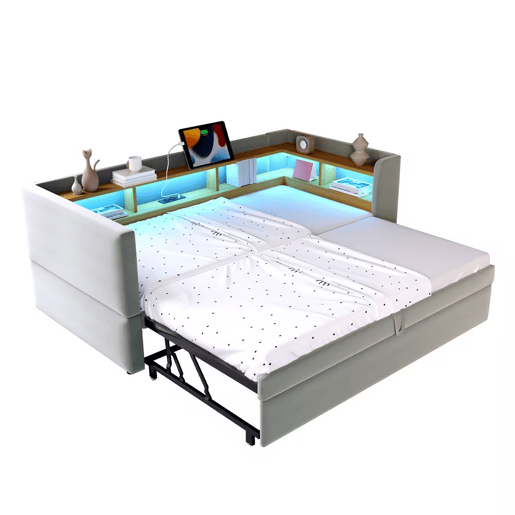 Sofá-cama extensível 90180*190 cm - com luzes LED, tomadas e vários compartimentos - Cinza claro