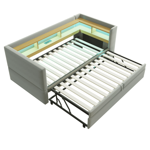 Sofá-cama extensível 90180*190 cm - com luzes LED, tomadas e vários compartimentos - Cinza claro