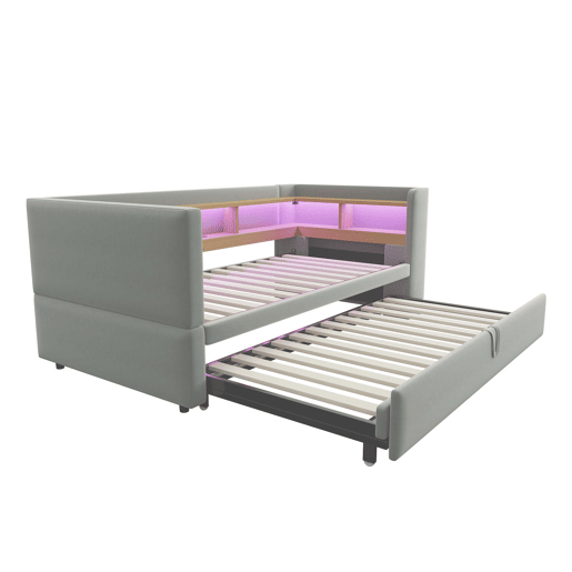 Sofá-cama extensível 90180*190 cm - com luzes LED, tomadas e vários compartimentos - Cinza claro