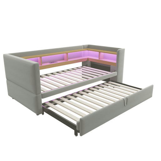 Sofá-cama extensível 90180*190 cm - com luzes LED, tomadas e vários compartimentos - Cinza claro
