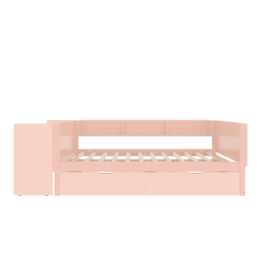 Cama de madeira 140x200cm - com secretária, 2 gavetas, prateleiras, sem colchão - Rosa