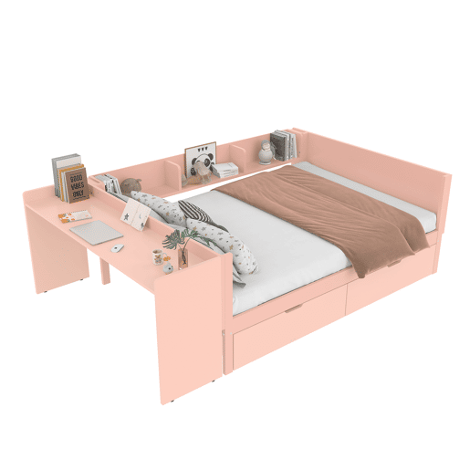 Cama de madeira 140x200cm - com secretária, 2 gavetas, prateleiras, sem colchão - Rosa