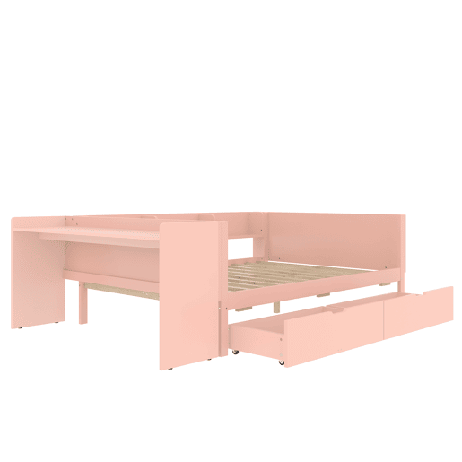 Cama de madeira 140x200cm - com secretária, 2 gavetas, prateleiras, sem colchão - Rosa