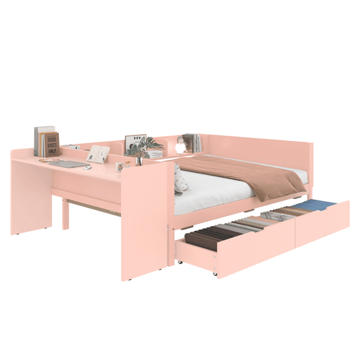 Cama de madeira 140x200cm - com secretária, 2 gavetas, prateleiras, sem colchão - Rosa