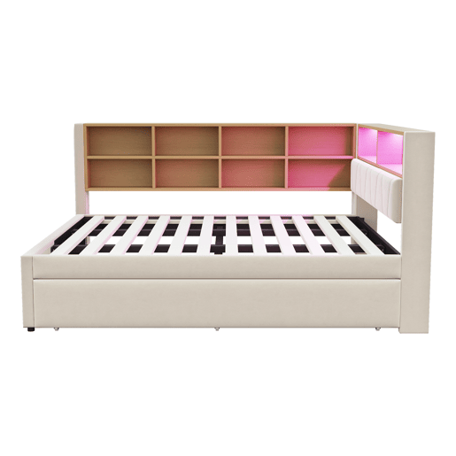Sofá-cama 140x200 - Cama extraível 90x190, com luzes LED, tomadas e compartimentos de arrumação - Bege