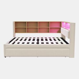 Sofá-cama 140x200 - Cama extraível 90x190, com luzes LED, tomadas e compartimentos de arrumação - Bege