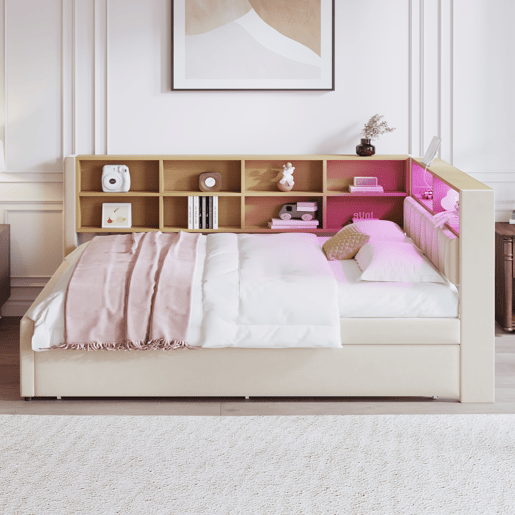 Sofá-cama 140x200 - Cama extraível 90x190, com luzes LED, tomadas e compartimentos de arrumação - Bege
