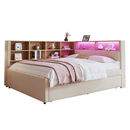 Sofá-cama 140x200 - Cama extraível 90x190, com luzes LED, tomadas e compartimentos de arrumação - Bege