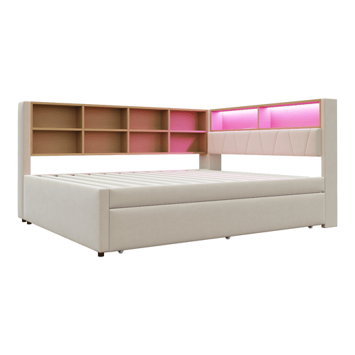 Sofá-cama 140x200 - Cama extraível 90x190, com luzes LED, tomadas e compartimentos de arrumação - Bege
