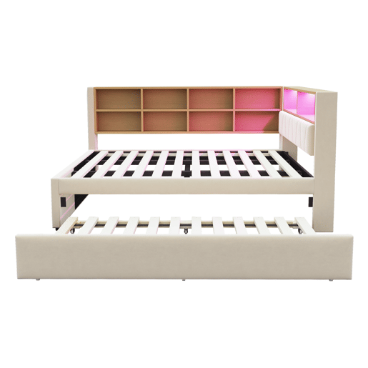 Sofá-cama 140x200 - Cama extraível 90x190, com luzes LED, tomadas e compartimentos de arrumação - Bege