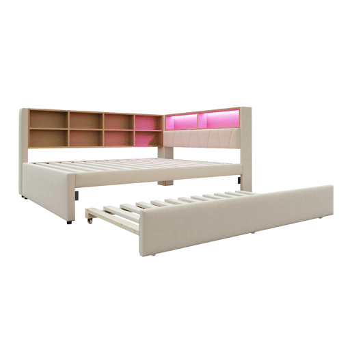 Sofá-cama 140x200 - Cama extraível 90x190, com luzes LED, tomadas e compartimentos de arrumação - Bege