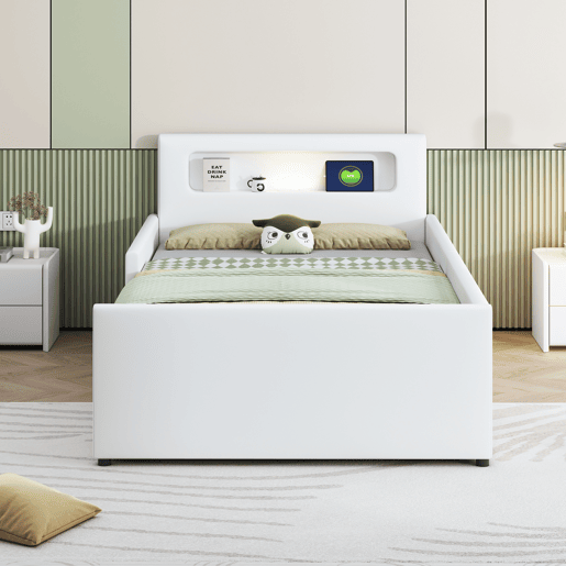 Cama infantil 90x200 cm - Com luz noturna e porta USB, Com compartimentos de arrumação, Laterais elevadas para segurança, Cama individual fácil, Para meninos e meninas, Pele sintética - Branco