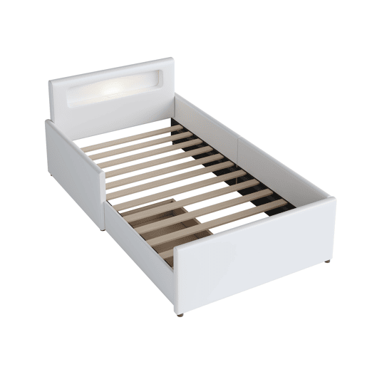 Cama infantil 90x200 cm - Com luz noturna e porta USB, Com compartimentos de arrumação, Laterais elevadas para segurança, Cama individual fácil, Para meninos e meninas, Pele sintética - Branco