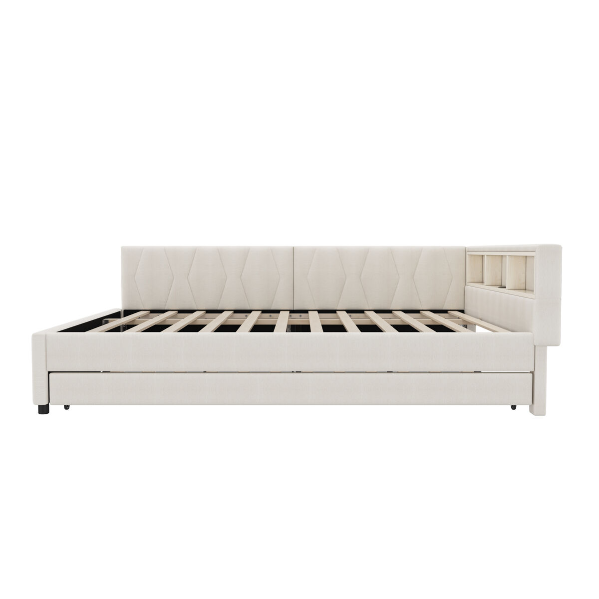 Día cama 140x200cm - sofá cama, compartimento de almacenamiento, usb+tipo c, control remoto para luz led, cama extensible, con somier, lino - beige