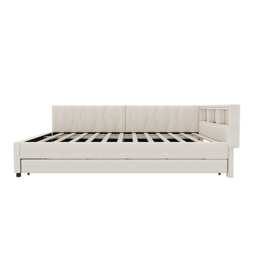 Cama de dia 140x200cm - Sofá-cama, compartimento de arrumação, USB+Tipo C, controlo remoto para luz LED, cama extensível, com estrado, lençóis - Bege