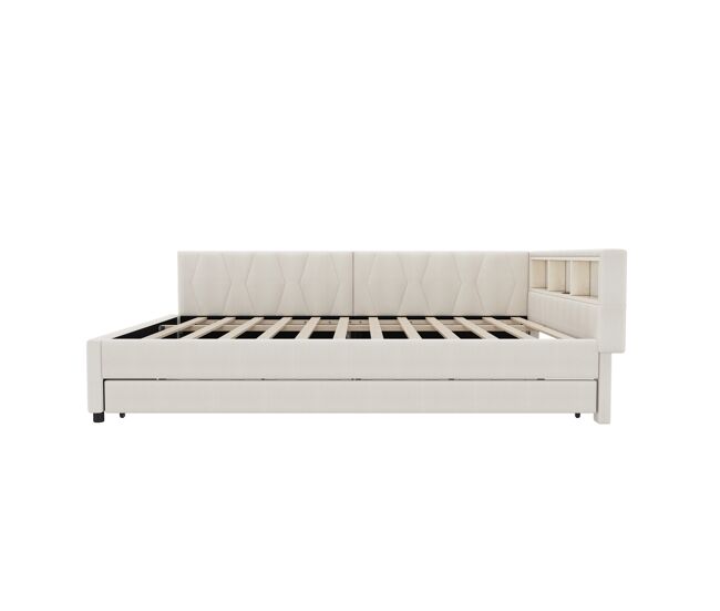 Día cama 140x200cm - sofá cama, compartimento de almacenamiento, usb+tipo c, control remoto para luz led, cama extensible, con somier, lino - beige