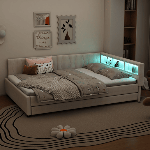 Cama de dia 140x200cm - Sofá-cama, compartimento de arrumação, USB+Tipo C, controlo remoto para luz LED, cama extensível, com estrado, lençóis - Bege