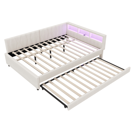 Cama de dia 140x200cm - Sofá-cama, compartimento de arrumação, USB+Tipo C, controlo remoto para luz LED, cama extensível, com estrado, lençóis - Bege