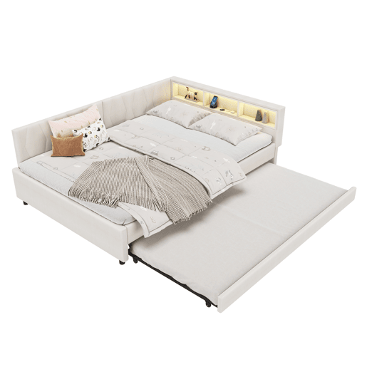 Cama de dia 140x200cm - Sofá-cama, compartimento de arrumação, USB+Tipo C, controlo remoto para luz LED, cama extensível, com estrado, lençóis - Bege