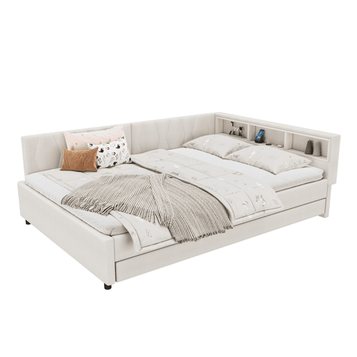 Cama de dia 140x200cm - Sofá-cama, compartimento de arrumação, USB+Tipo C, controlo remoto para luz LED, cama extensível, com estrado, lençóis - Bege