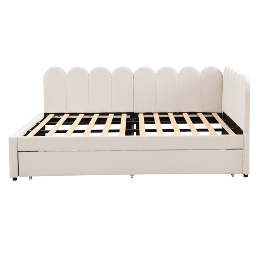 Sofá-cama em forma de L 140x200 cm - Encosto com flores e cama extensível - Samt Beige