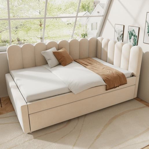 Sofá-cama em forma de L 140x200 cm - Encosto com flores e cama extensível - Samt Beige