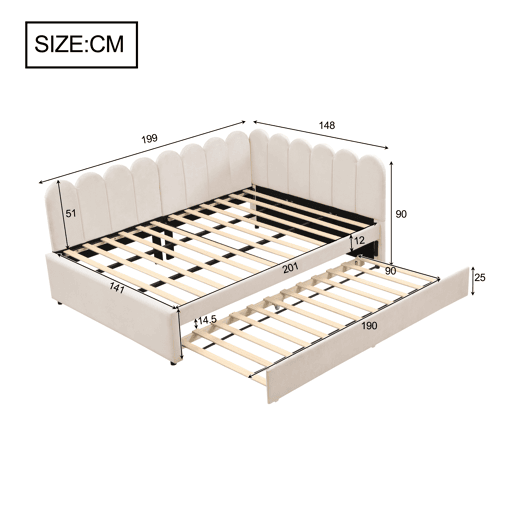 Sofá-cama em forma de L 140x200 cm - Encosto com flores e cama extensível - Samt Beige