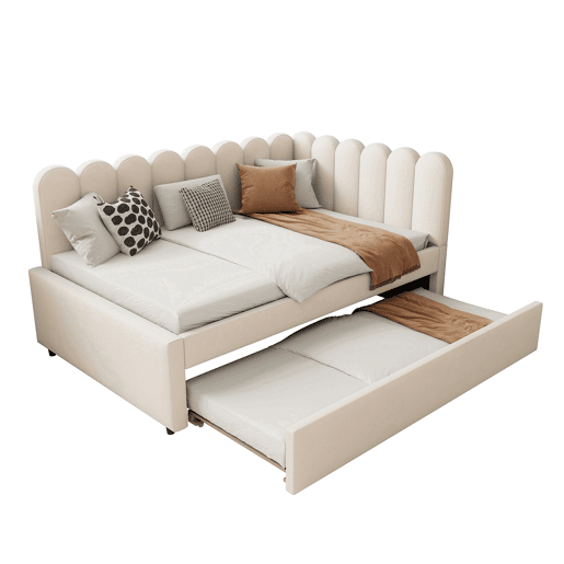 Sofá-cama em forma de L 140x200 cm - Encosto com flores e cama extensível - Samt Beige