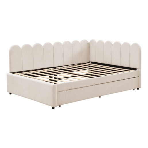 Sofá-cama em forma de L 140x200 cm - Encosto com flores e cama extensível - Samt Beige