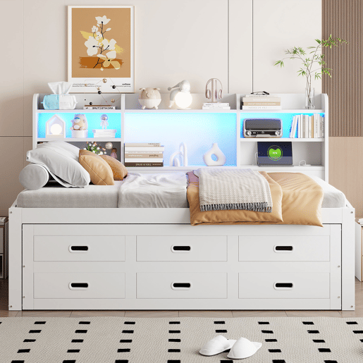Sofá-cama Daybed 90x200 cm - LED, 3 gavetas, secretária, cama extraível, USB+Type-C - Branco