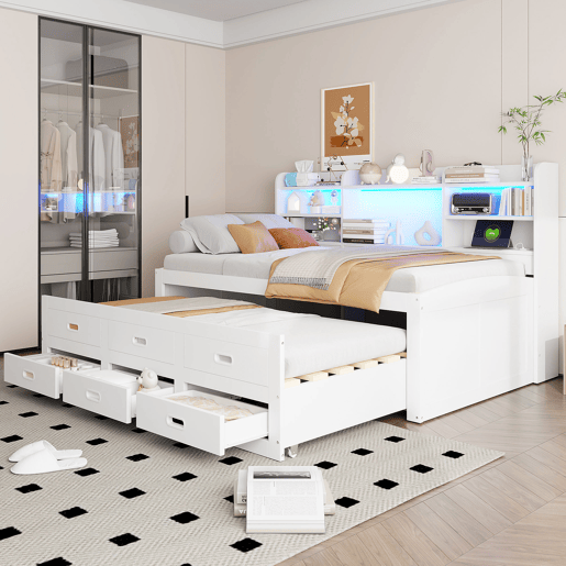 Sofá-cama Daybed 90x200 cm - LED, 3 gavetas, secretária, cama extraível, USB+Type-C - Branco
