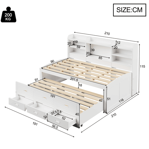 Sofá-cama Daybed 90x200 cm - LED, 3 gavetas, secretária, cama extraível, USB+Type-C - Branco