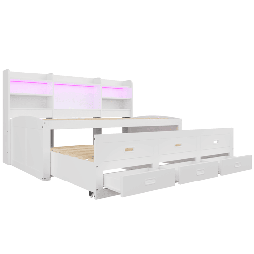 Sofá-cama Daybed 90x200 cm - LED, 3 gavetas, secretária, cama extraível, USB+Type-C - Branco