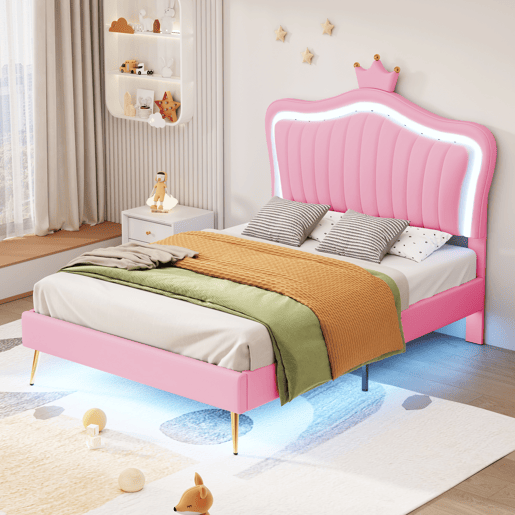 Cama infantil 90x200 cm - Estrutura de cama para menina, design com coroa rosa, PU com luzes LED, estrado e encosto - Rosa