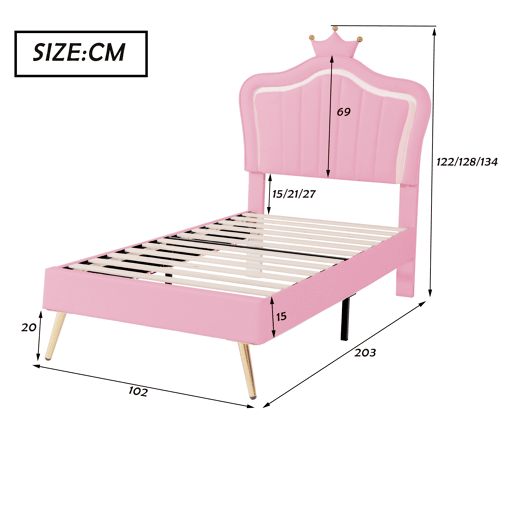 Cama infantil 90x200 cm - Estrutura de cama para menina, design com coroa rosa, PU com luzes LED, estrado e encosto - Rosa