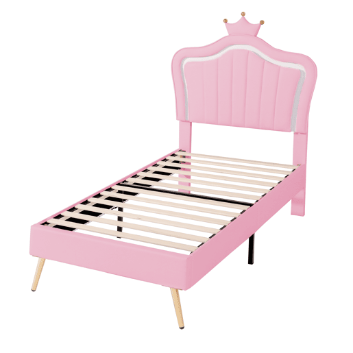 Cama infantil 90x200 cm - Estrutura de cama para menina, design com coroa rosa, PU com luzes LED, estrado e encosto - Rosa