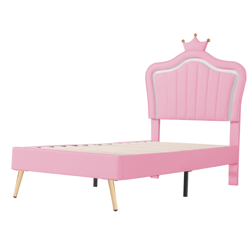 Cama infantil 90x200 cm - Estrutura de cama para menina, design com coroa rosa, PU com luzes LED, estrado e encosto - Rosa