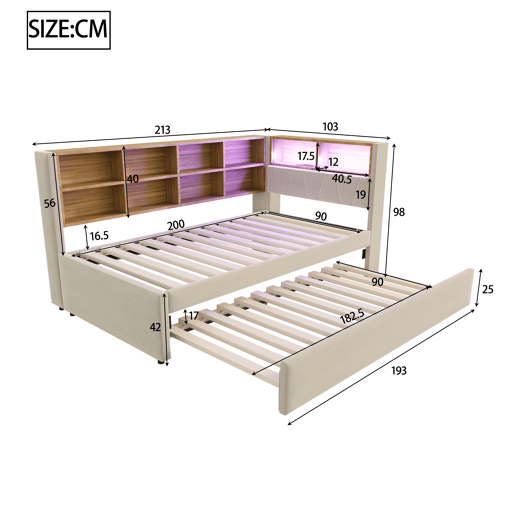 Sofá-cama 90x200 - Cama extraível 90x190, com luzes LED, tomadas e compartimentos, Polsterbett multifuncional, cama individual, Flanela - Bege