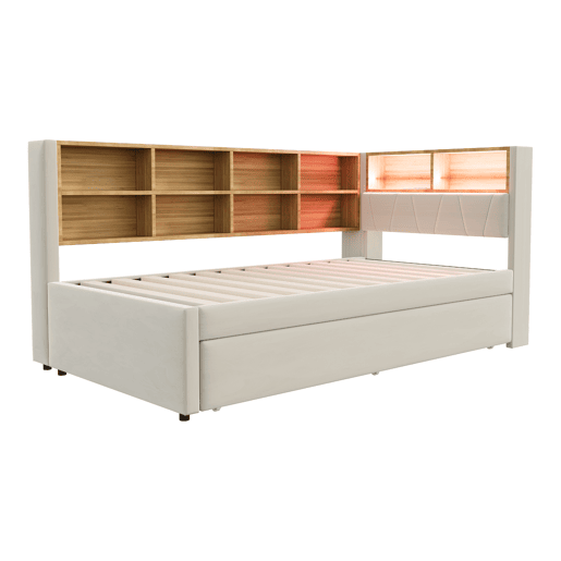 Sofá-cama 90x200 - Cama extraível 90x190, com luzes LED, tomadas e compartimentos, Polsterbett multifuncional, cama individual, Flanela - Bege